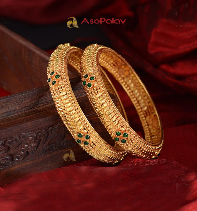 22K Emerald Gold Bangles with Elegant Green Stone Accents
